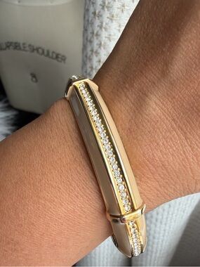 Vince Camuto | Gold Crystal-Accent Beige/Tan Enamel Bangle Bracelet